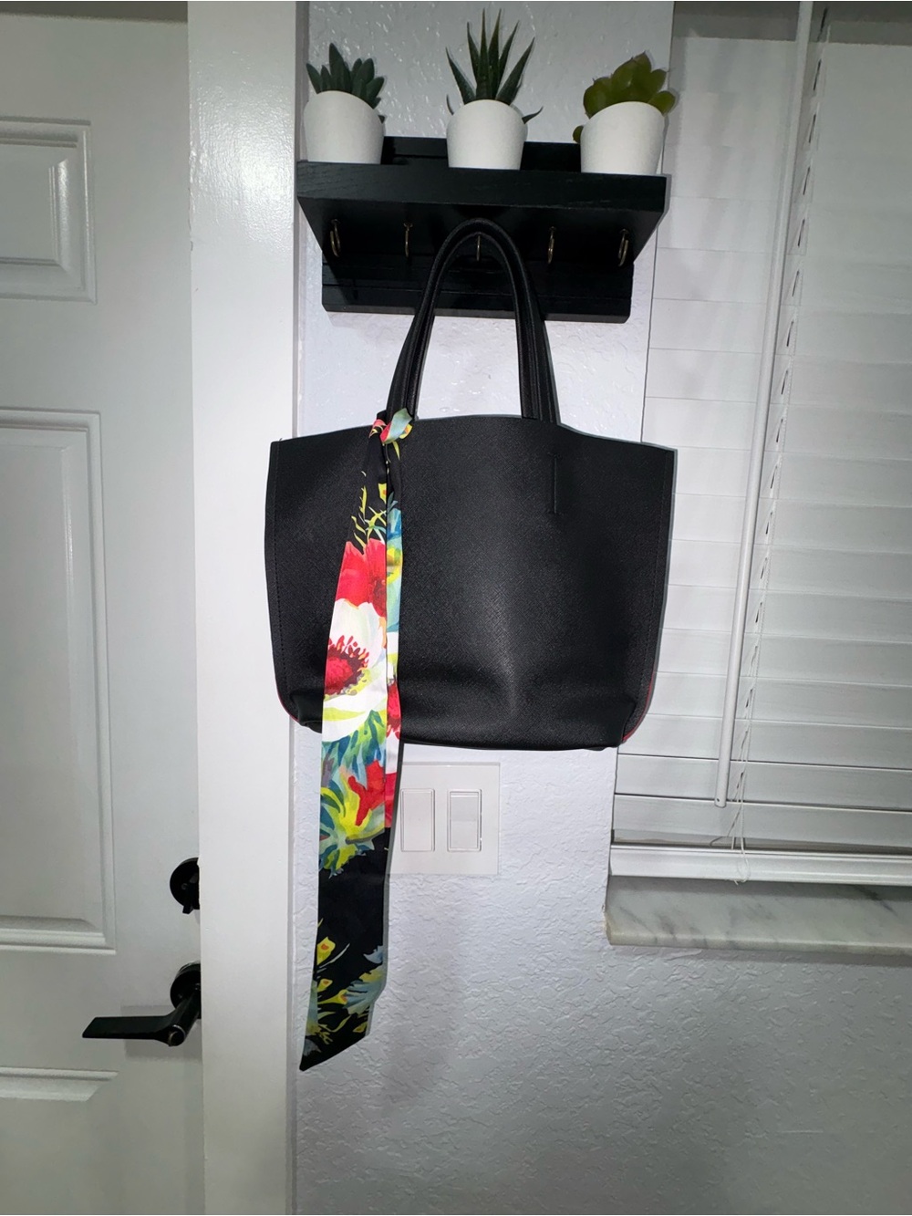 Nordstrom Black Tote with Floral Scarf Accent